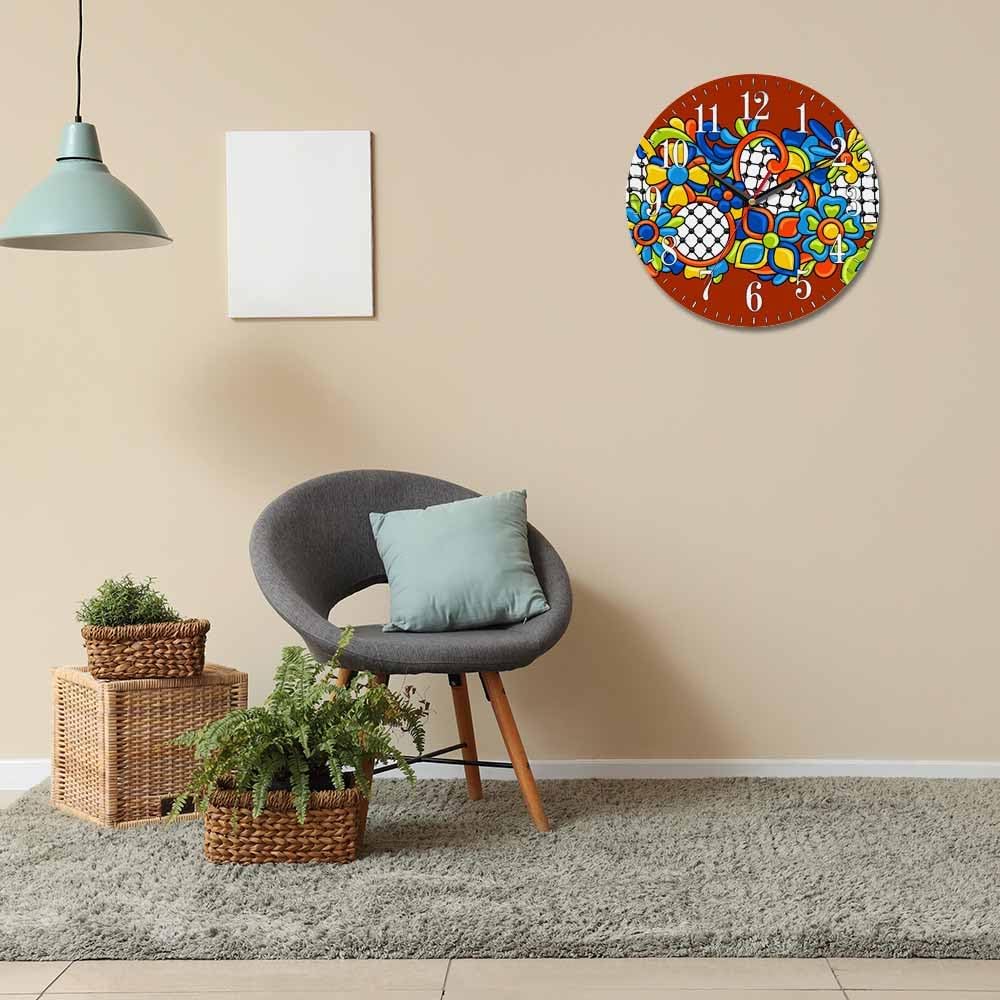 Mxocom Mexican Pattern Wall Clock Abstract Ornamental Flowers Ethnic Print 10 Inch Silent Non Ticking Battery Operated Clock Vintage Round Clock for Living Room Bedroom Bathroom Office Decor