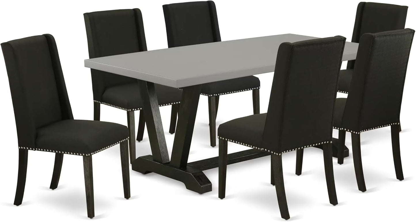 East West Furniture V697FL624-7 7 Piece Modern Dining Table Set Consist of a Rectangle Wooden Table with V-Legs and 6 Black Linen Fabric Parson Dining Chairs, 40x72 Inch, Multi-Color