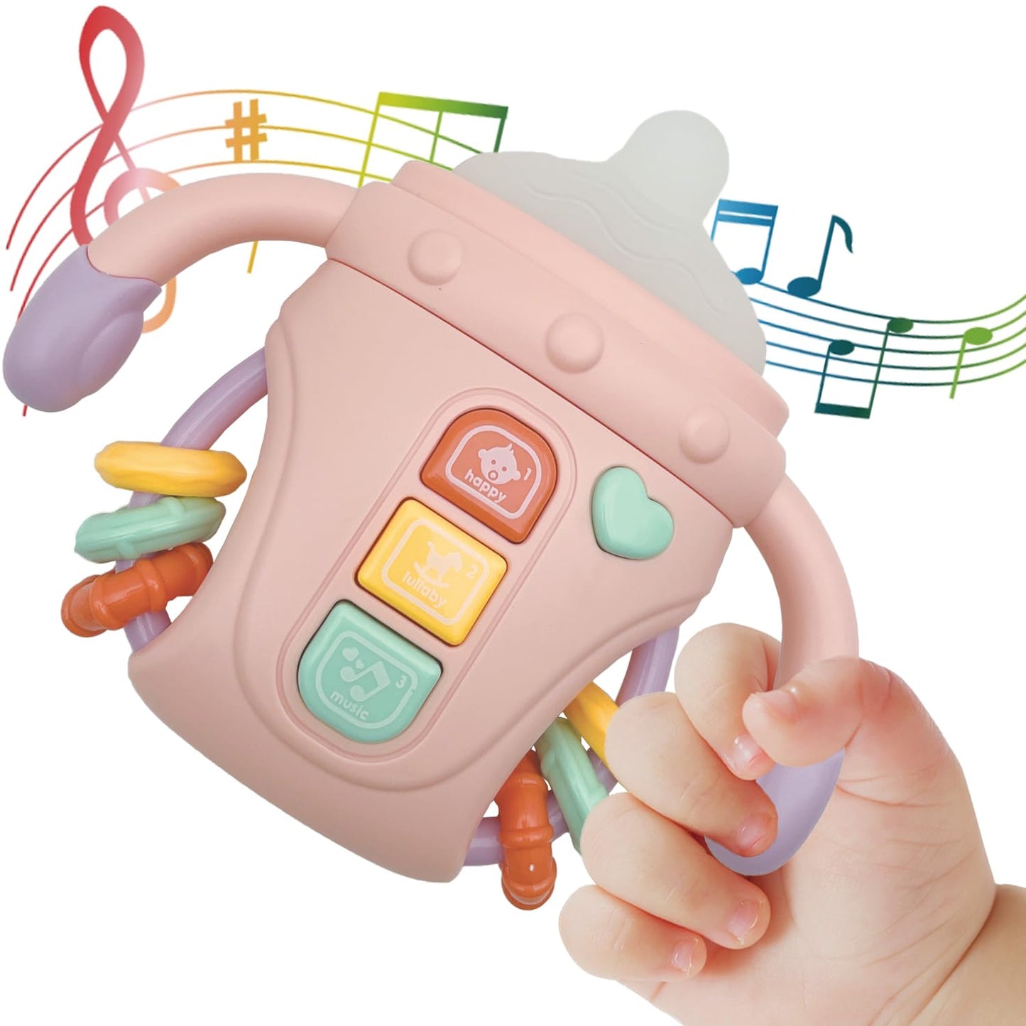 Baby Musical Toys,Sensory Learning Toy with Music and Lights,Pacifier Teething Musical Toys,Rattle Toy for Toddlers,Boys and Girls Gifts(A-Pink)