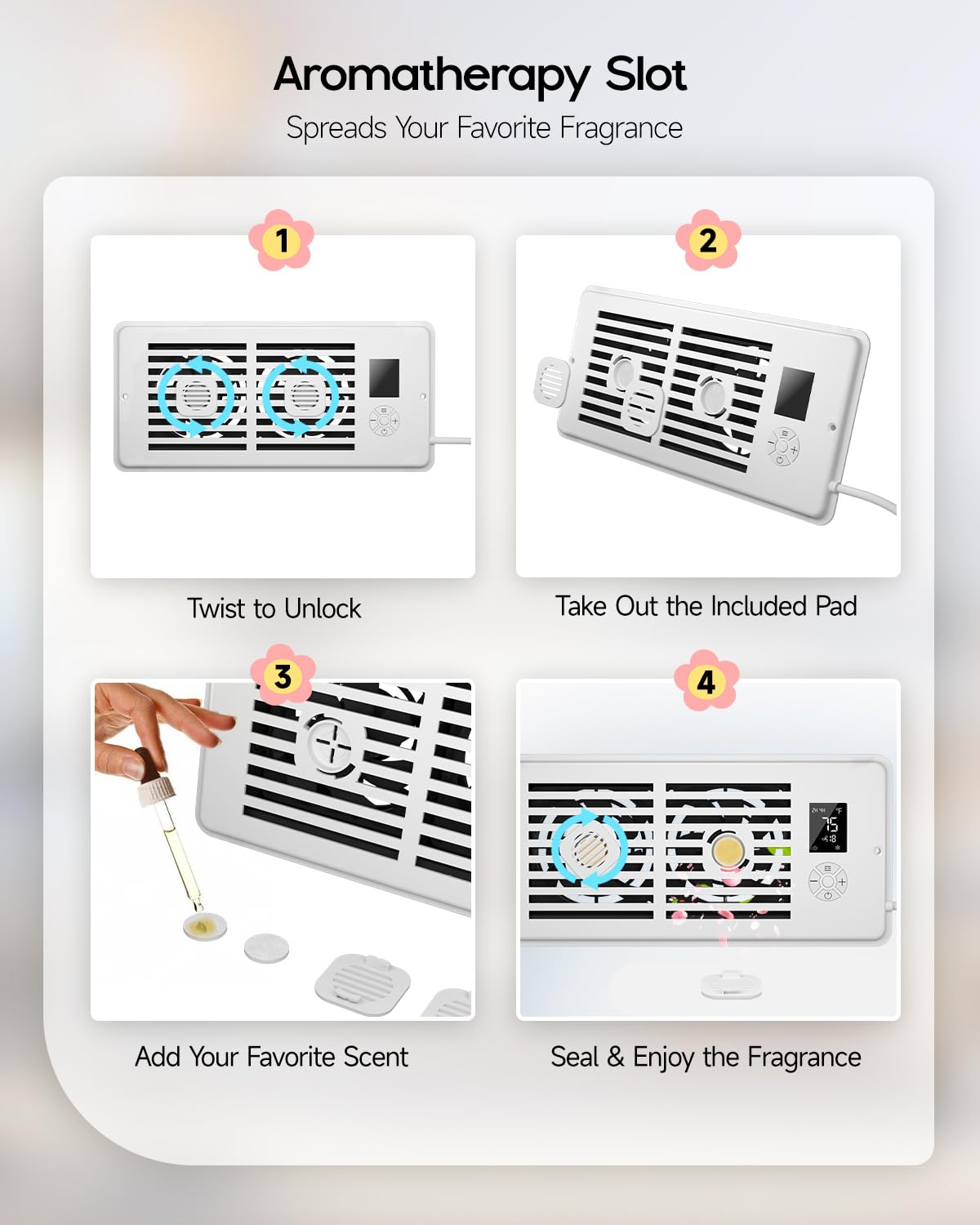 Klyro Register Booster Fan For 4    X 10    Register Holes, Vent Fan With Diy Scent Diffuser, Quiet 10-Speeds Smart Heating Cool