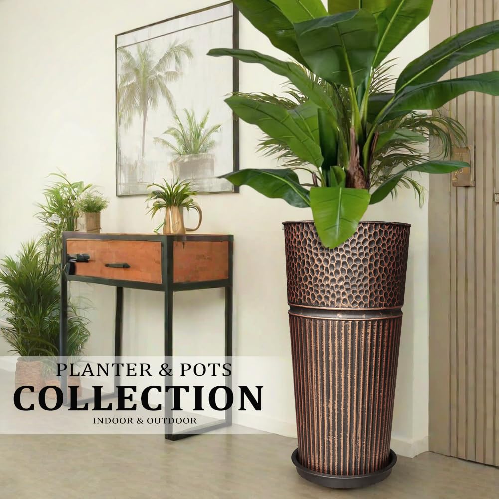 2 Pcs Pack 25 Inches Metal Tall Tapered Planter Pots Large Galvanized Steel Round Planter Flower Pot with Drainage Holes for Indoor Outdoor Deck Porch Garden Home Patio Front Door (antique copper, M)