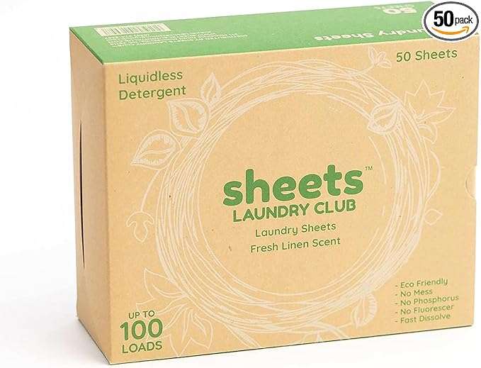 Sheets Laundry Club - Liquidless Laundry Detergent Sheets, 100 Loads - Fresh Linen Scent, Eco-Friendly, Quick-Dissolving Formula, Hypoallergenic, Septic Safe, Plastic-Free Packaging - 50 Sheets
