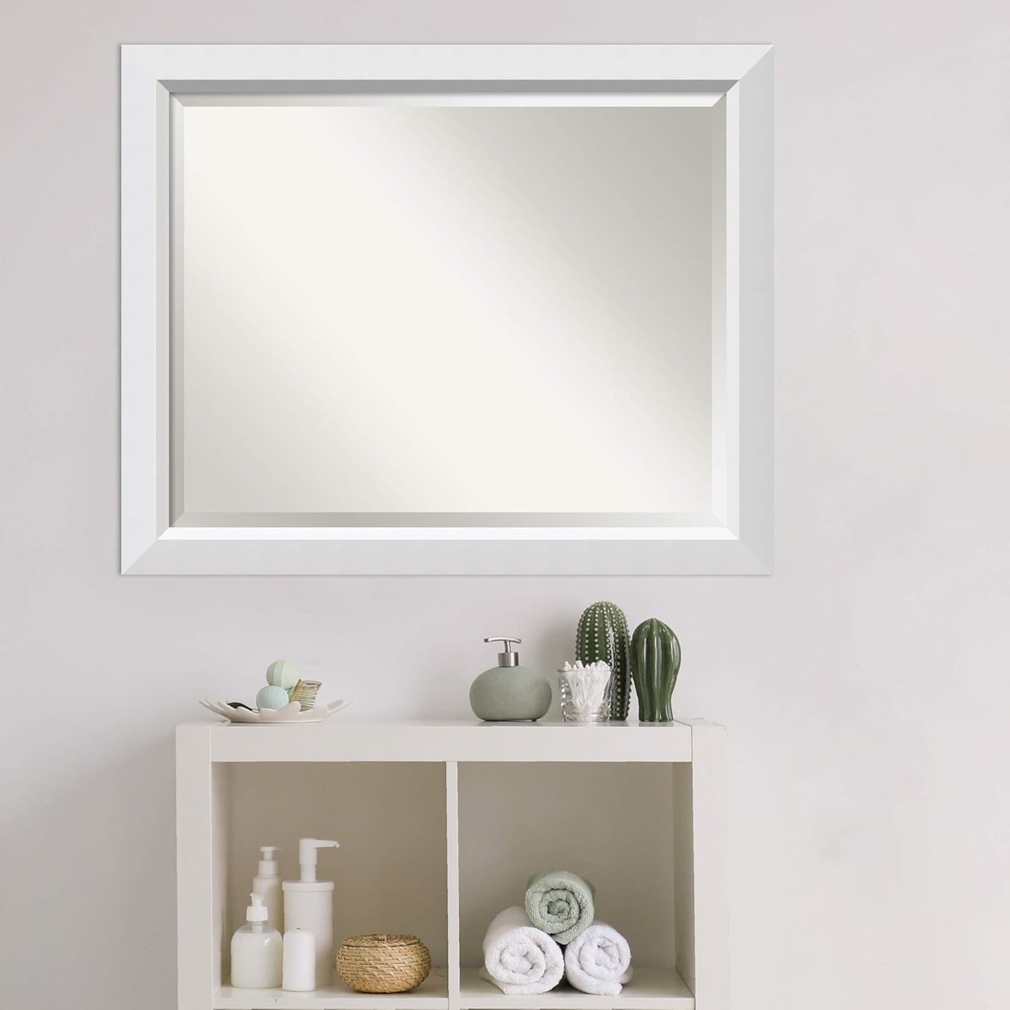 Amanti Art White Bathroom Mirror for Over Sink, 26x32 Blanco White Rectangle Vanity Mirror, Large Modern Contemporary Wood Frame, Hangs Horizonally and Vertically, Bathroom Wall Decor, Beveled Edge