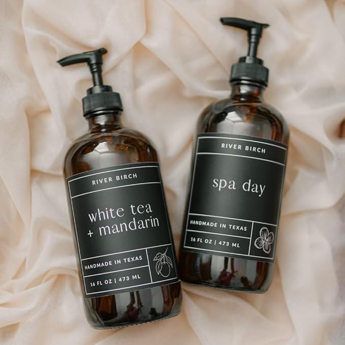 River Birch Spa Day Scented Natural Hand Soap - Handmade Soap - Moisturizing Hand Wash with Amber Glass Dispenser - Luxury Scented Hydrating Hand Soap - Vegan and Non-Toxic - 16 Fl Oz