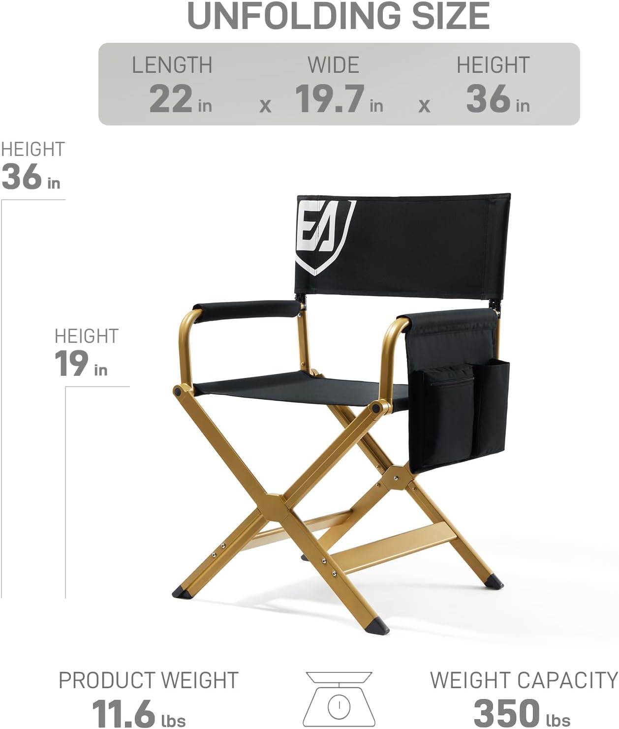 EVER ADVANCED Aluminum Directors Chair, Folding Studio Movie Chairs Camping Event Vendor Chair, 19" Seat Height Black Fabric/Golden Frame, Support 350lbs