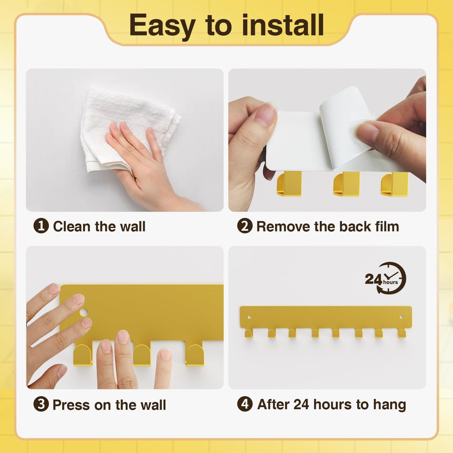 pickpiff Gold Key Holder for Wall Adhesive, Key Hooks with 8 Hooks Wall Mounted, Key Hangers No Drill for Living Room, Kitchen, Office