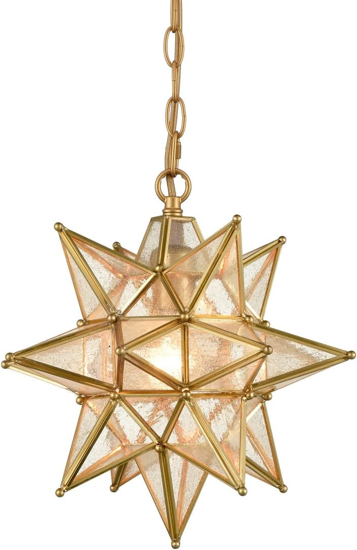 DIRYZON Modern Moravian Star Pendant Light Gold Hanging Ceiling Light Seeded Glass Pendant Lighting for Kitchen Island，13-Inch