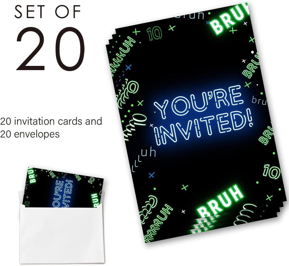 Boy 10Th Birthday Invitation Supplies with Envelopes Set of 20 Bruh You're Invited Birthday Party Invites Fill in Blank, Double Sided
