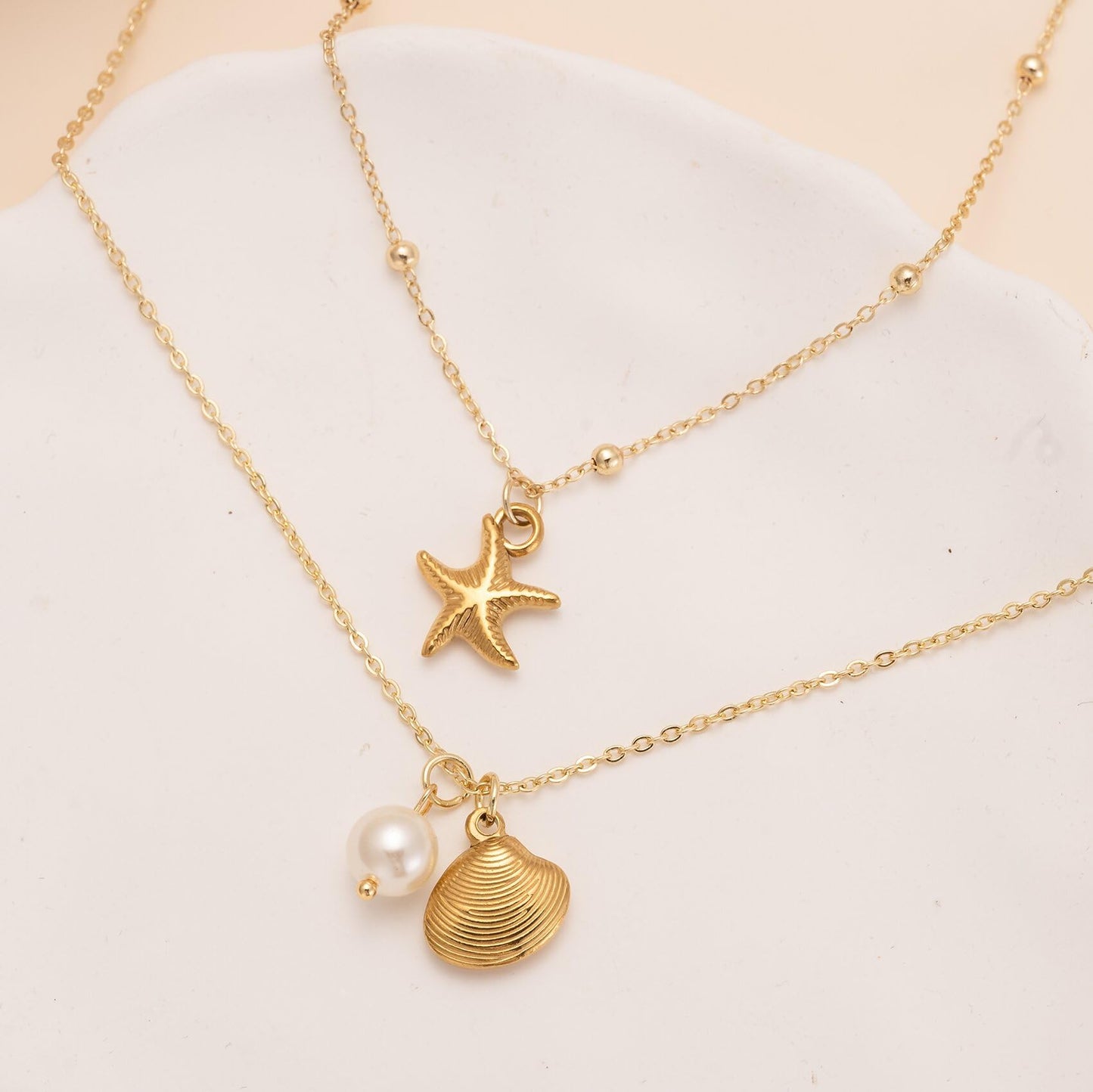Shell Necklaces for Women 14k Gold Plated Layered Starfish Conch SeaShell Pearl Pendant Charm Necklace Adjustable Stainless Steel Chain Summer Beach Jewelry (Gold Starfish)