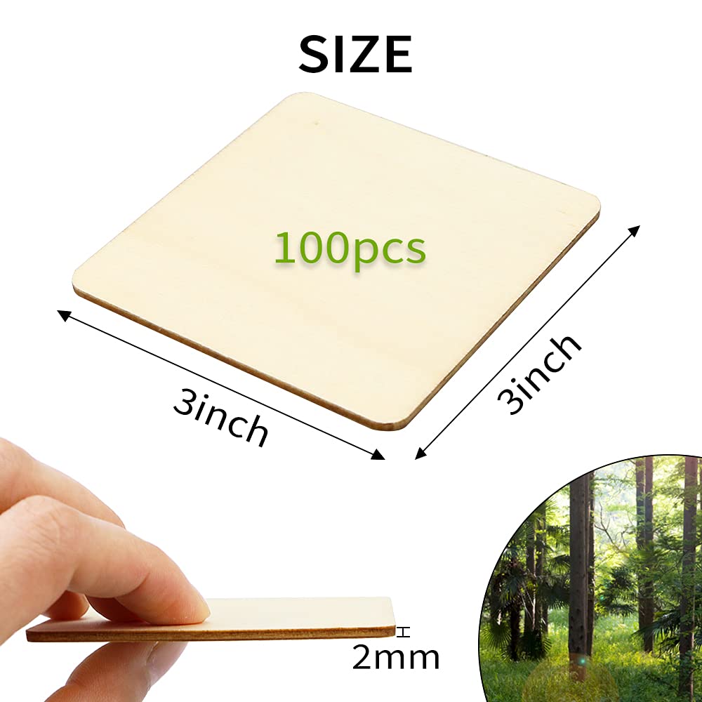 TKOnline 100Pcs Unfinished Wood Pieces, 3 x 3 Inch Blank Natural Wood Square Wooden Slices Wooden Board for DIY Crafts, Painting, Coasters, Scrabble Tiles, Decoration