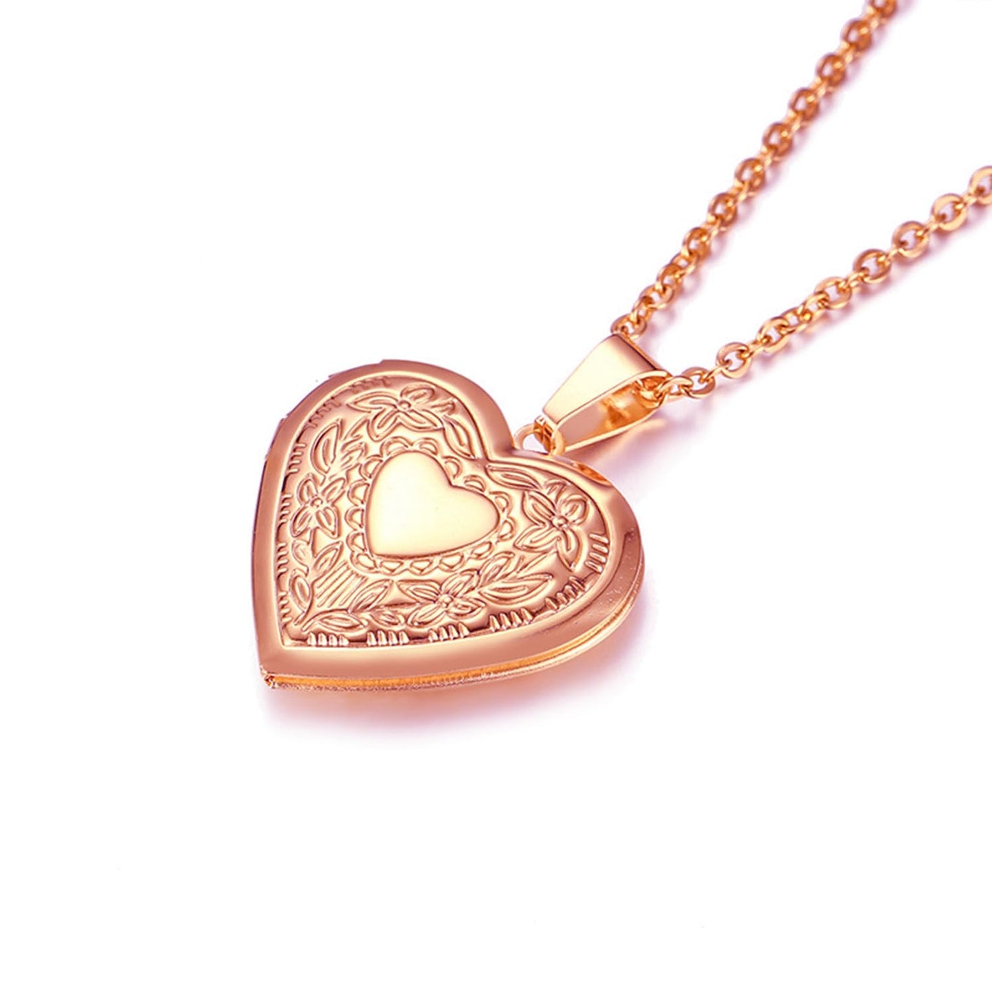 PHOCKSIN Rose Gold Heart Locket Necklace Flower Engraved Personalized Love Heart Necklace that Holds Pictures Customized Gifts Locket Necklaces for Women