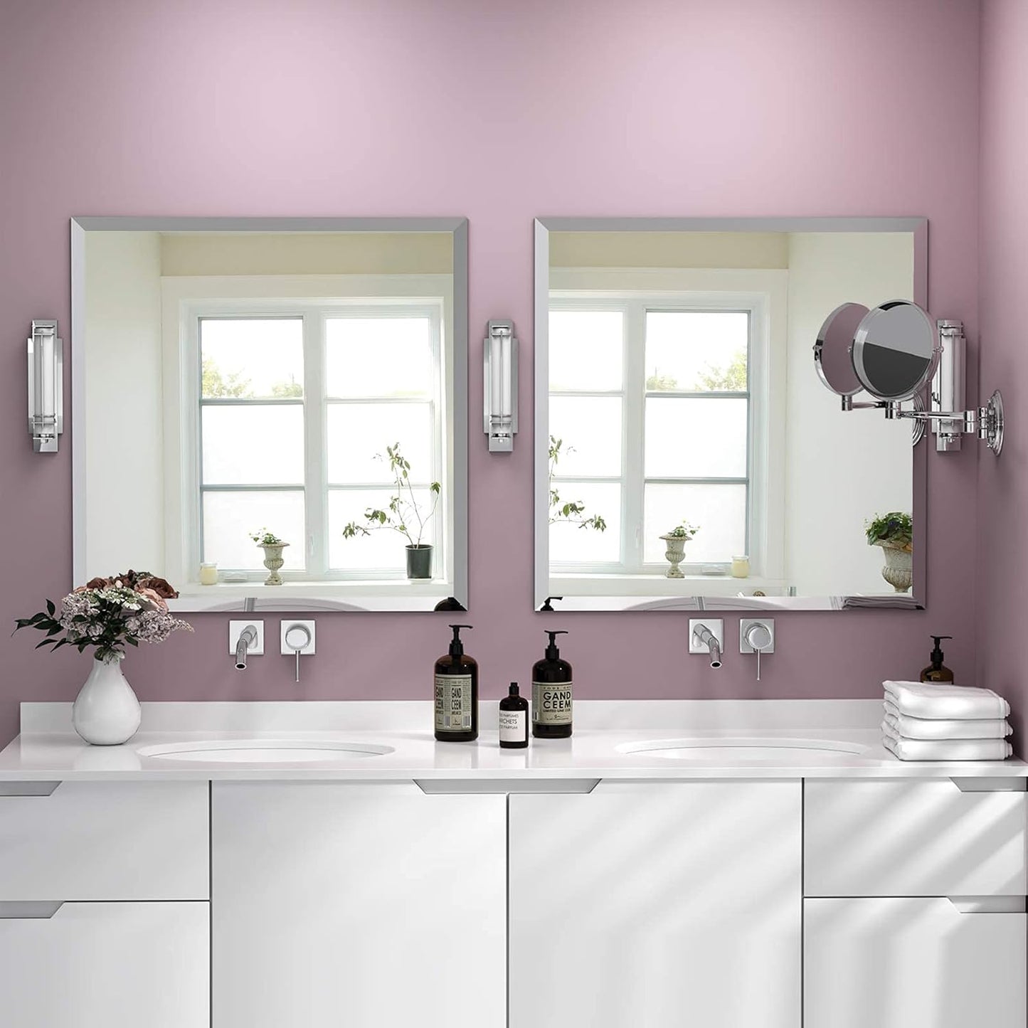 KOHROS Vanity Mirror Frameless Square Mirror, 24" x 24" Bathroom Wall Mirror w/Pencil Polished Edge, Anti-Rust, Tempered Glass, Hangs Horizontally or Vertically