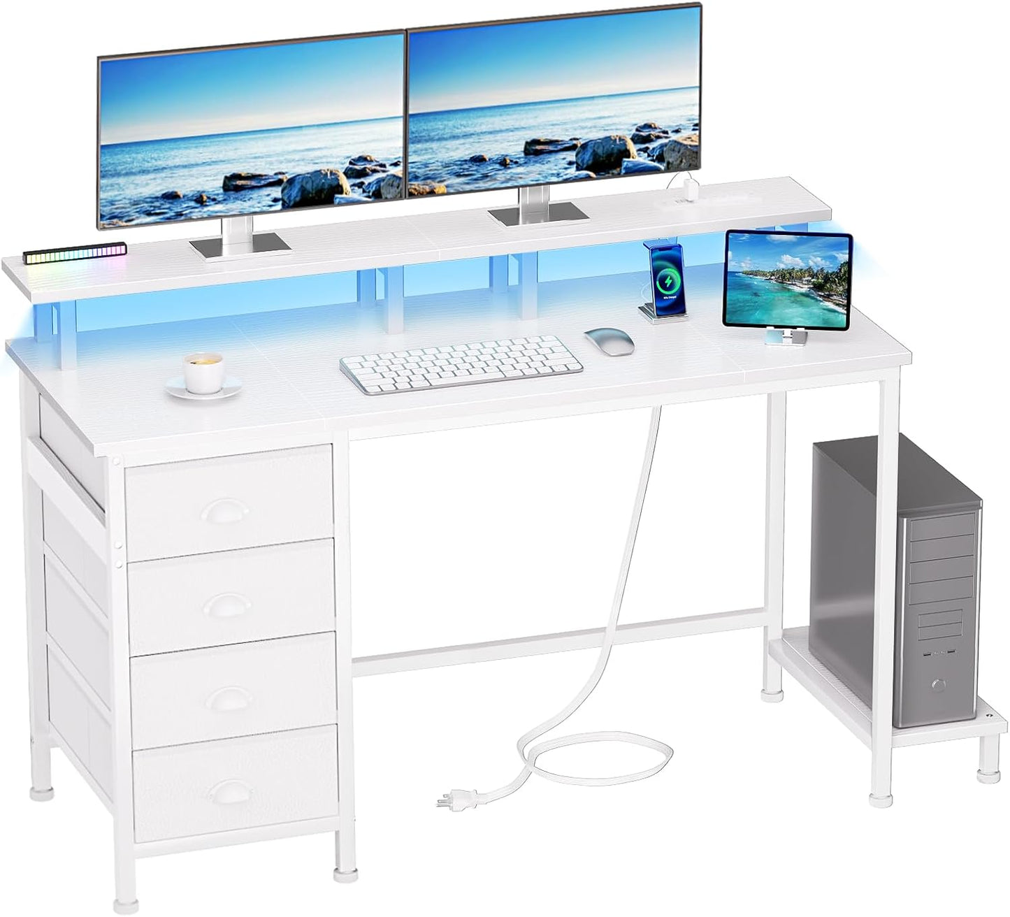 Furologee 47" White Computer Desk with 4 Fabric Drawers & Monitor Stand, Gaming Desk with Power Outlets - LED Lights, Home Office Space-Saving Study Table for Bedroom Small Spaces