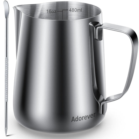 Adorever Milk Frothing Pitcher, 16oz 480ml Milk Frother Cup Stainless Steel Steaming Pitcher, Coffee Bar Cappuccino Espresso Machine Accessories Barista Tools, Steamer Cup Milk Jug with Latte Art Pen