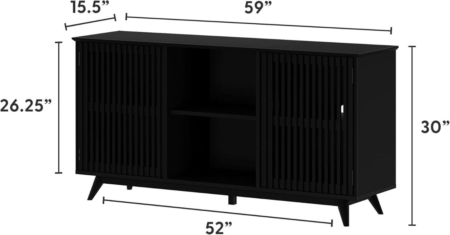 Plank+Beam Mid-Century Modern Wood TV Stand, Solid Wood Entertainment Console with Storage, 59" L x 16" W x 30" H, Black