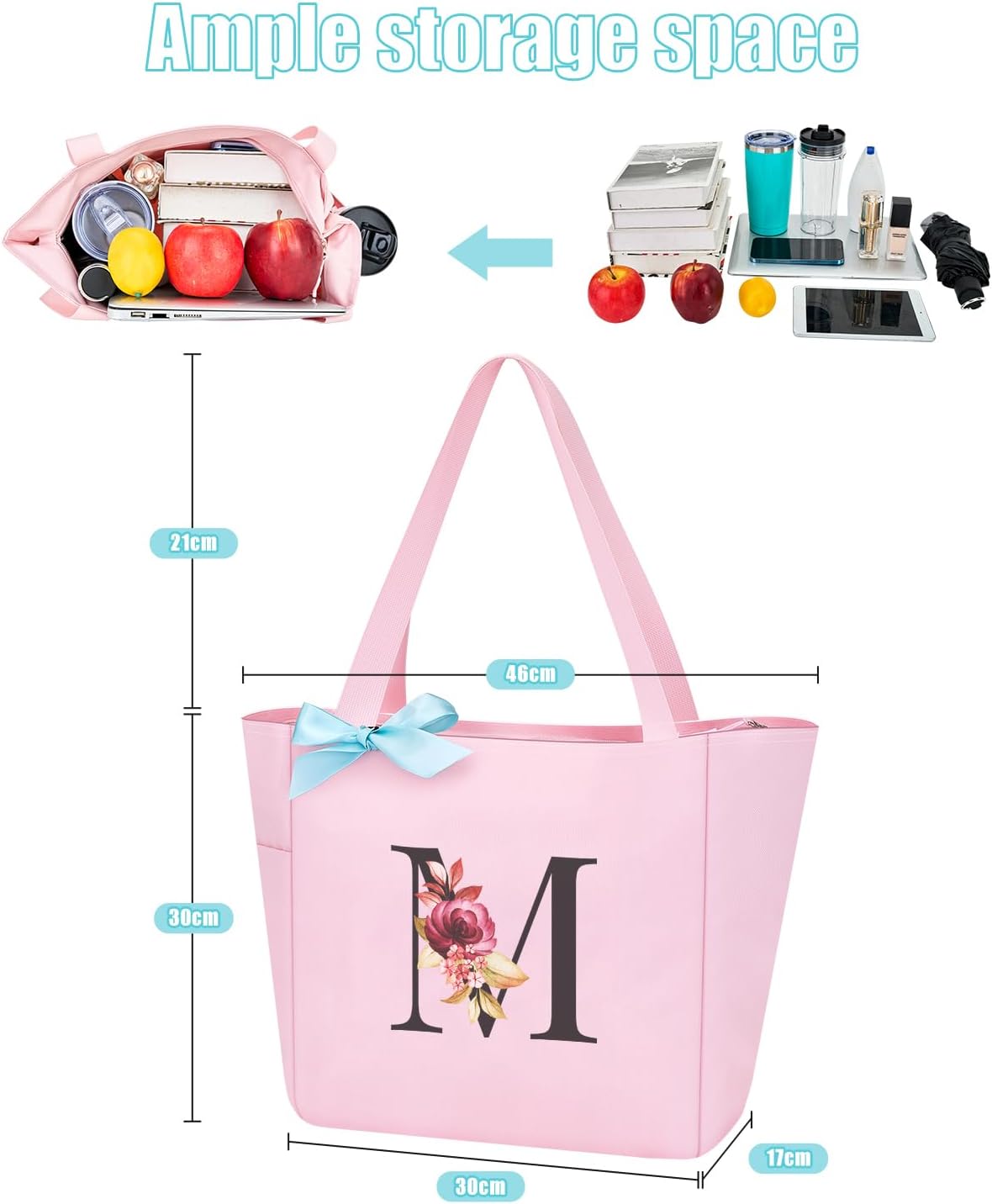 Vavabox Tote Bag, A-Z Initial Monogrammed Waterproof Tote Bag, Bridesmaid Gifts for Women, Black and Pink