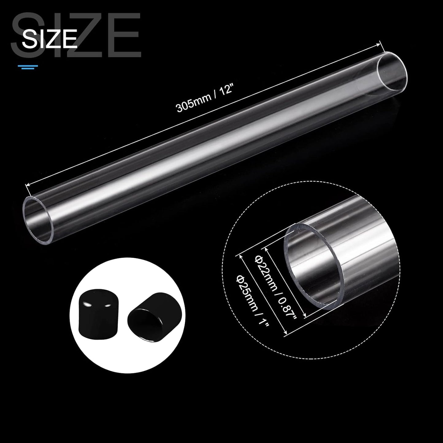 PATIKIL Clear Rigid Tube Round Plastic Tubing with Black Rubber Caps Polycarbonate Water Pipe, 305mm/ 12 Inch Length, 22mmx25mm/0.87"x1", 2 Set