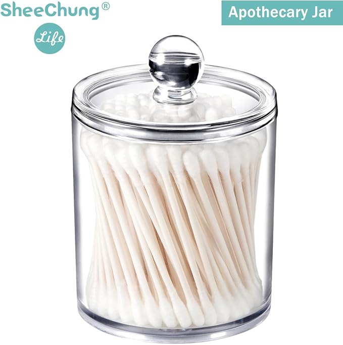 SheeChung 6 Pack Qtip Dispenser Apothecary Jars Bathroom with Labels - Qtip Holder Storage Canister Clear Plastic Acrylic Jar for Cotton Ball, Swab,Pads, Rounds,Floss Picks, Hair Clips (Clear)