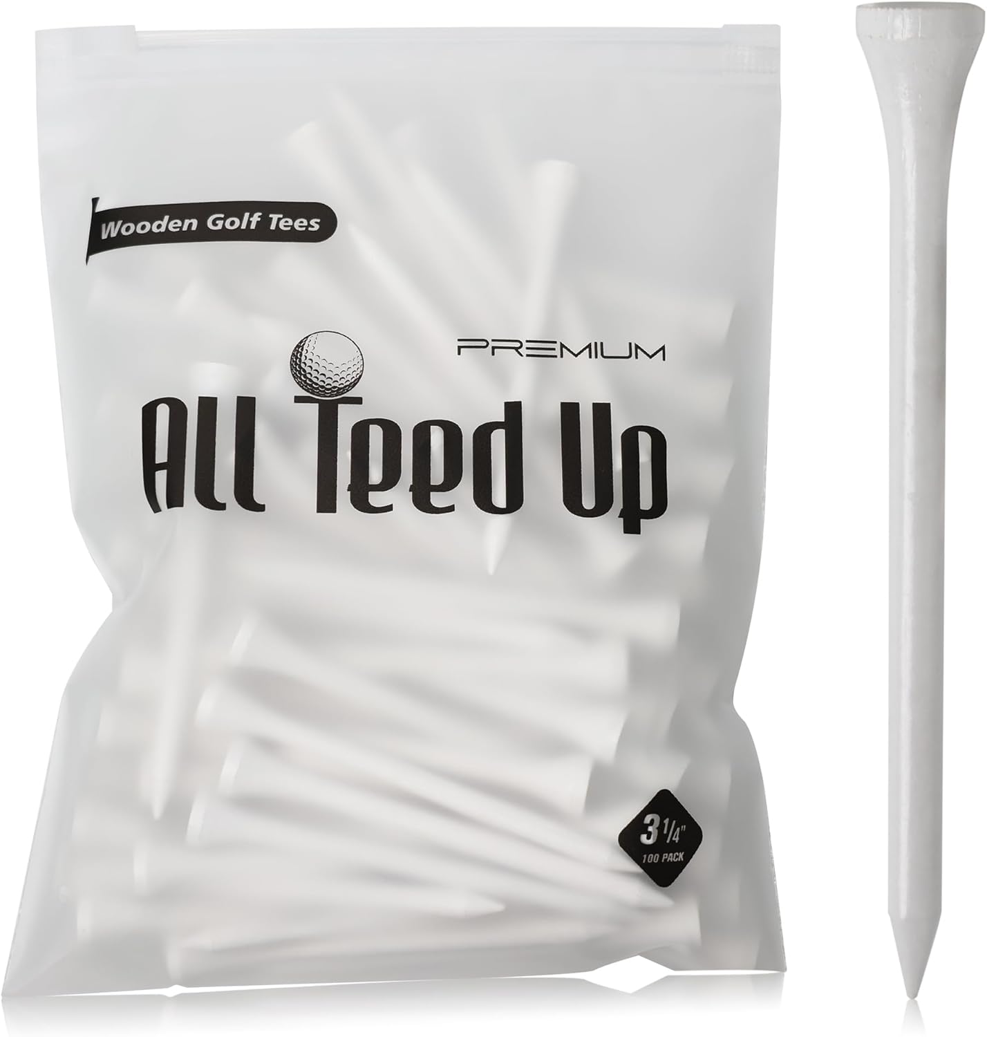 3-¼ inch Pro Wood Golf Tees | 100 Count | Resealable Bag | Natural Sustainable Bamboo Material | Tall White Wooden Tees | Perfect for Every Tee Shot