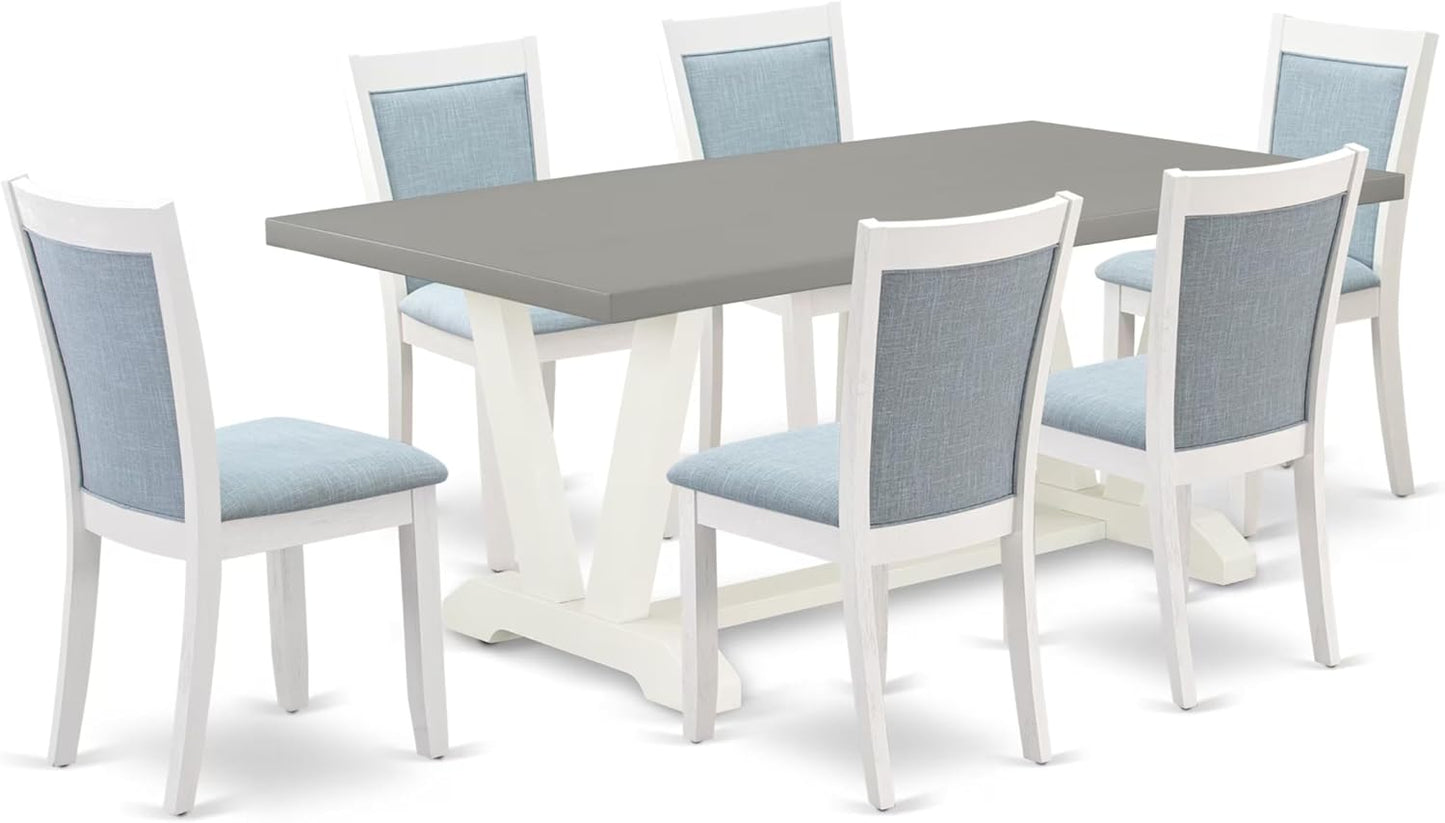 East West Furniture V097MZ015-7 7 Piece Dining Room Table Set Consist of a Rectangle Dining Table with V-Legs and 6 Baby Blue Linen Fabric Upholstered Chairs, 40x72 Inch, Multi-Color