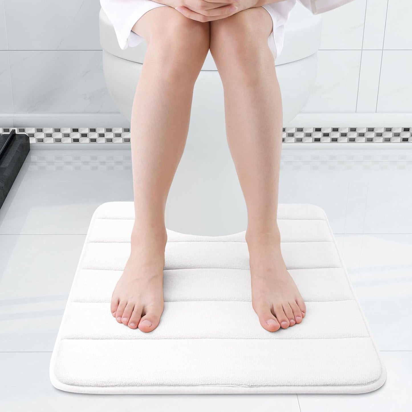 Buganda Memory Foam U-Shaped Contour Toilet Rugs, Non Slip Absorbent, Thick Soft Washable Bathroom Mat, Floor Carpet Bath Rugs Mat for Toilet Base (24" x 24", White)