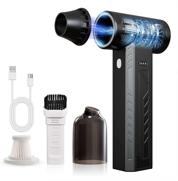 Compressed Air Duster 480000RPM Electric Air Duster Variable Speed 580G 4 Gear Adjustable Rechargeable Cordless Jet Dry Blower Turbo Fan Dryer Cleaning Air Blower Mini Car Vacuum Cleaner Black Knight