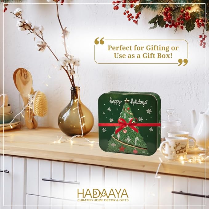 Metal Square Festive Christmas Cookie Tin with Embossed Lid for Gift Giving & Holiday Treats Multipurpose Container for Candy Snacks Holiday Christmas Party Decor Favor Gift Box GREEN GOLD XMAS TREE