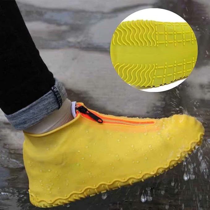 Waterproof Shoe Covers, Silicone Reusable Shoe Cover Non-slip Durable Zipper Elastic Rain Cover Protection for Men Women (M (Women 5-7, Men 5-6), Yellow)
