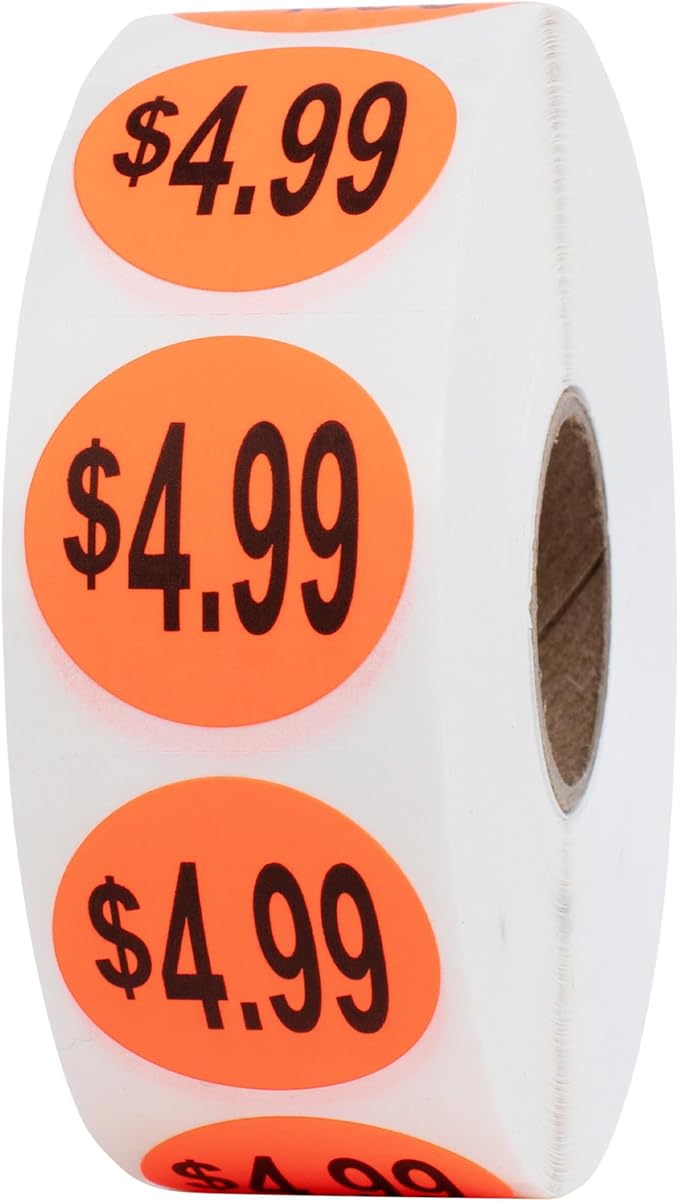 Perco Fluorescent Red 1-Inch Circle $4.99" Promotional Sale Stickers — 1,000 Perforated Labels/Roll—Ideal for Storefronts, Retail Merchandising, Flea Markets, Discount Marking, Clearance—Made in USA