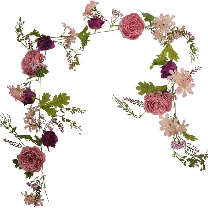Peony Flower Garland, 6Ft Artificial Silk Pink Rose Flower Vine, Floral Arch Vine for Wedding Table Runner Mantle Decoration Home Decor (Peony-Purple)