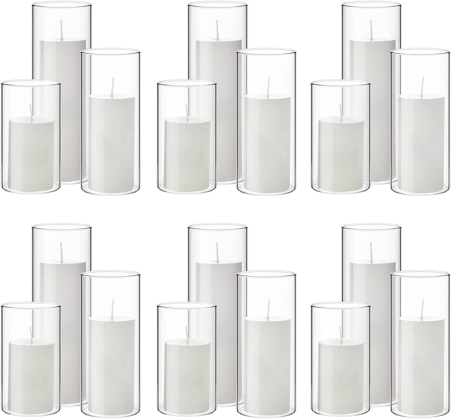 Shihanee 36 Pcs Pillar Candles and Glass Cylinder Vases Tall Cylinder Holders for Pillar Candles Wedding Centerpieces, Total 18 Sets(2.6'' X 4.7'', 5.9'', 7.9'',Clear,White)