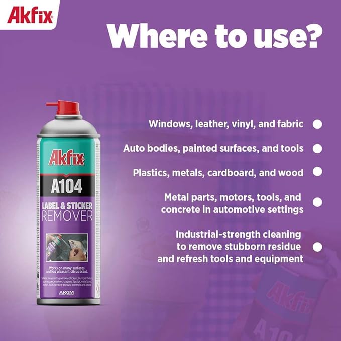 Akfix A104 Sticker Remover Spray - Cleaning Labels on Wood, Glass & Plastic - Safe Decal Remover for Tape, Residue, Gum and Stain Marker, Glue Eraser with Citrus Oil Spray | 6.7 Oz. 1 Pack