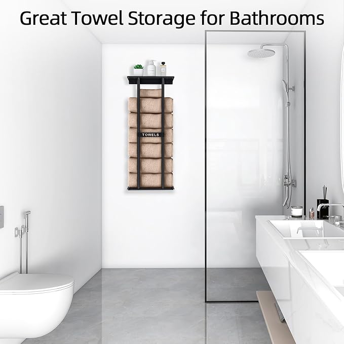 Bathroom Towel Storage Rack, Towel Racks for Bathroom Wall Mounted 30 inch with Shelf Can Holds 6 Large Towels, Wall Towel Rack for Rolled Towels, Black