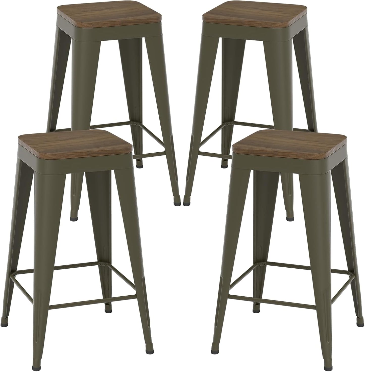 24 inch Backless Bar Stools Set of 4, Indoor Metal Bar Stools with Wood Seat, Industrial Counter Height Barstools for Kitchen Island, Rusty