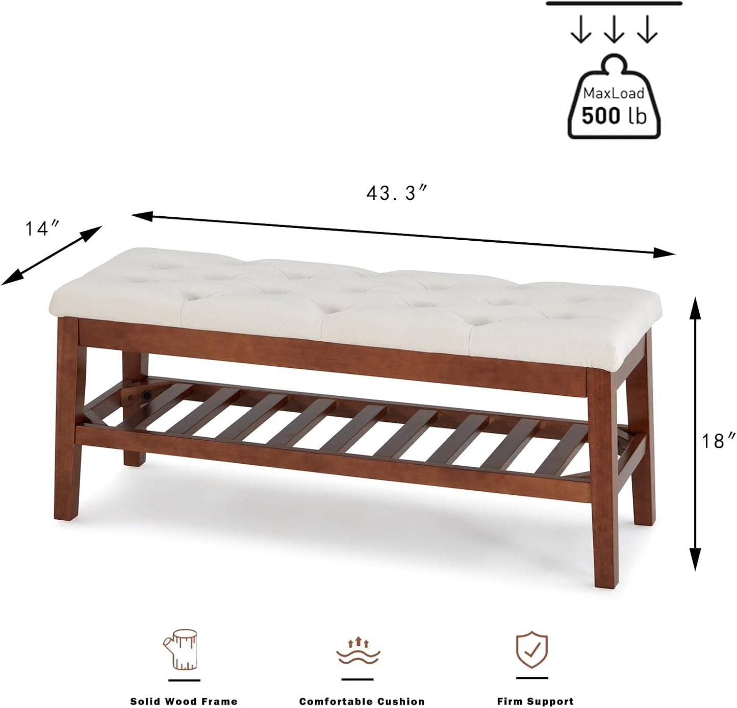 Upholstered Shoe Bench Entryway Bench for Bedroom, End of Bed, Ottoman Bench Tufted Padded Seat with Solid Wood Shelf for Living Room, Faux Leather Ivory