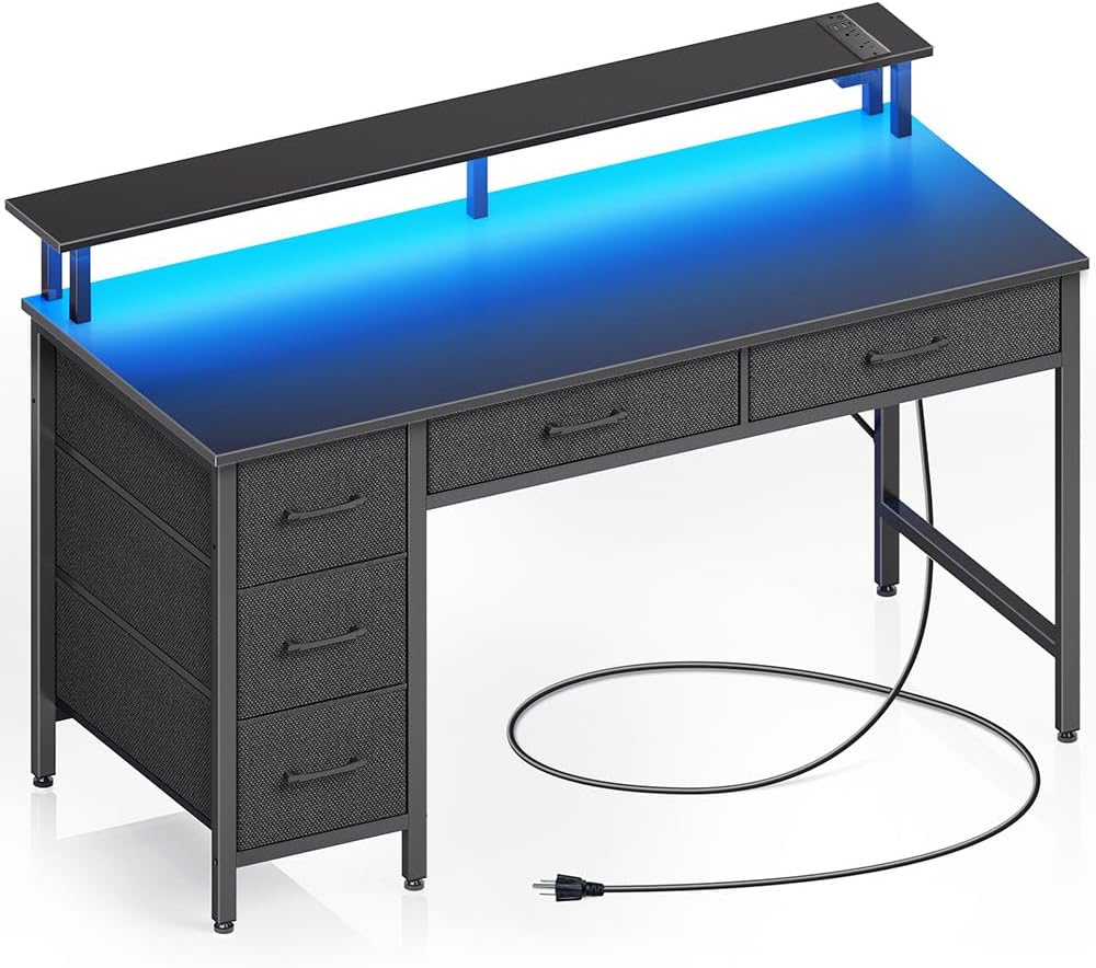 Seventable Computer Desk with Power Outlets & LED Light, 55 inch Home Office Desk with 5 Drawers, Writing Desk with Monitor Stand, Work Desk for Home Office, Black