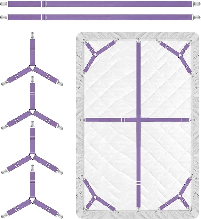Bed Sheet Holder Straps, 4+2 Pcs Adjustable Mattress Sheet Clips, Bed Sheet Fasteners Elastic Sheet Suspenders to Keep Bed Sheet in Place for Different Beds (Purple)