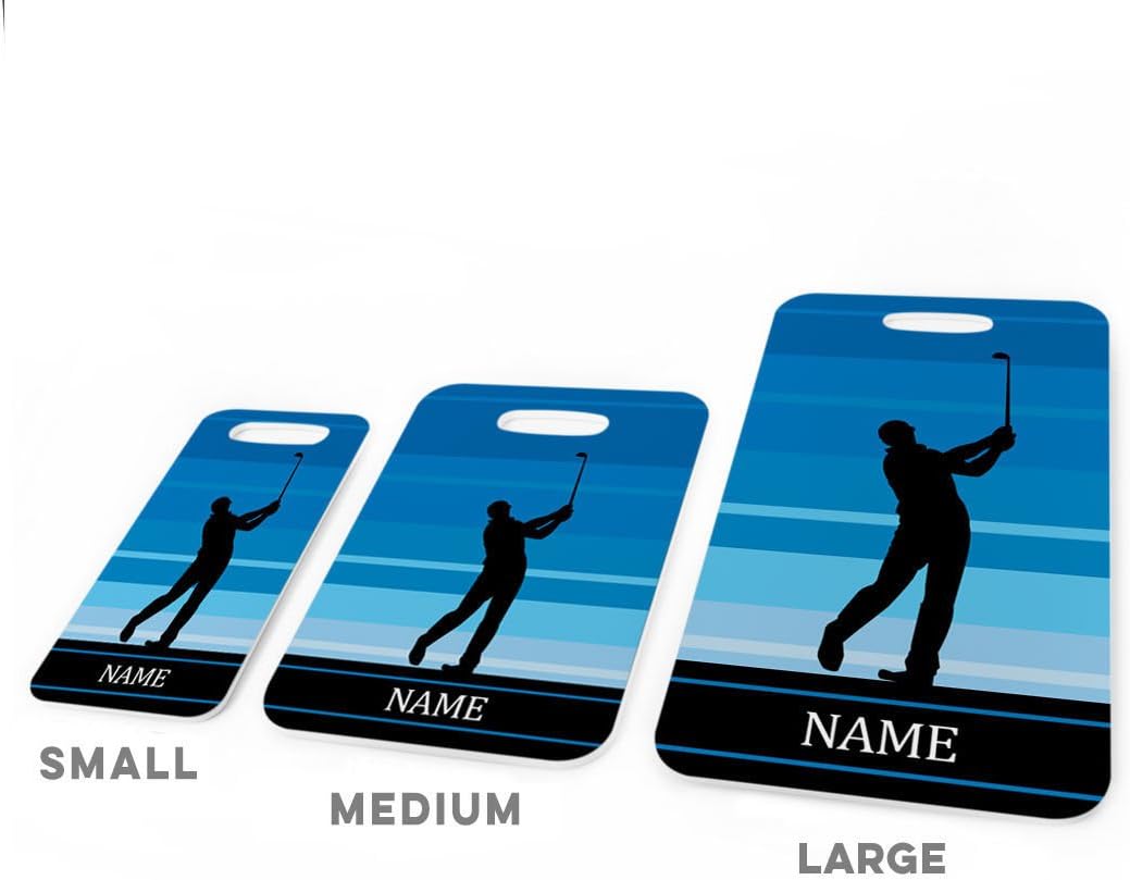 ChalkTalkSPORTS Golf Luggage & Bag Tag | Personalized Male Golfer | Standard Lines on Back | Small | Blue