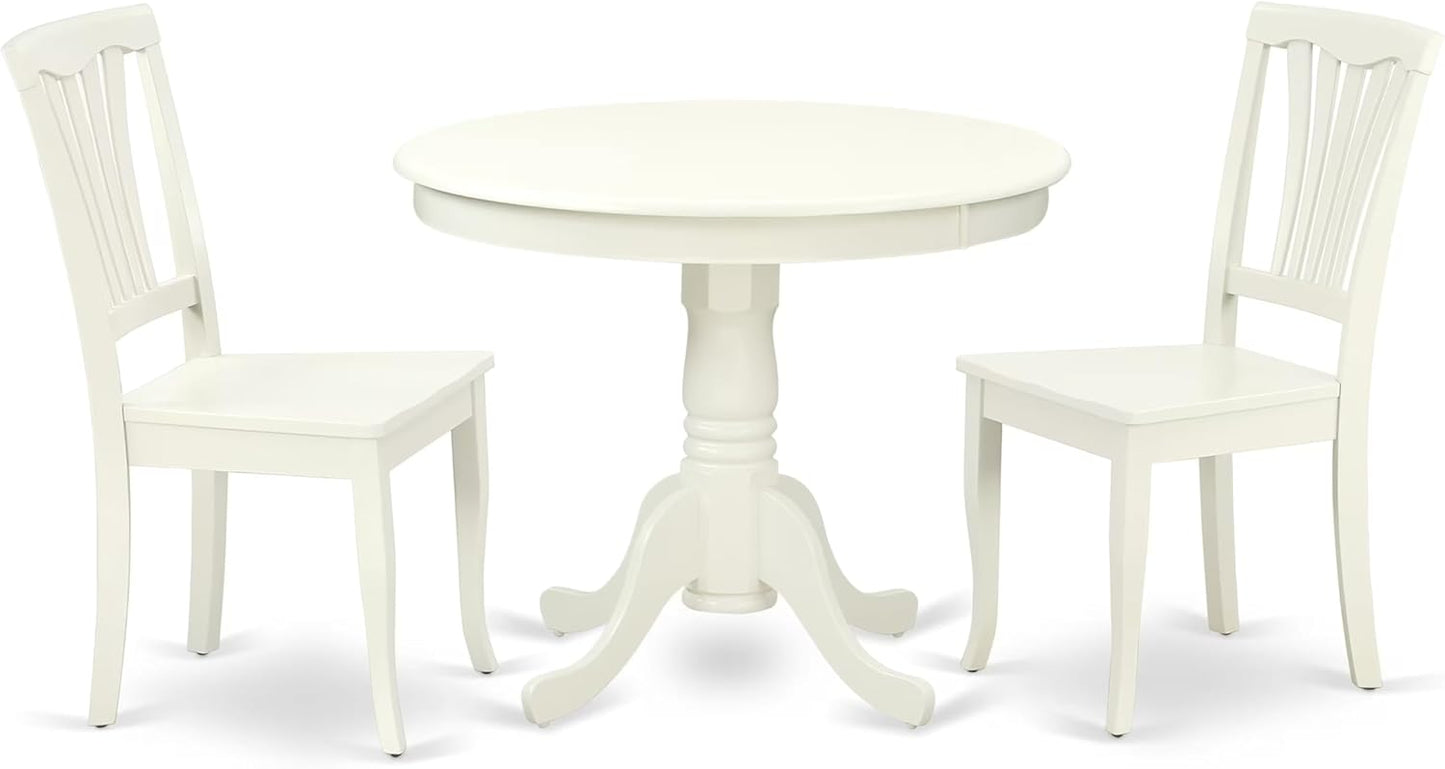 East West Furniture ANAV3-LWH-W 3 Piece Dining Table Set for Small Spaces Contains a Round Kitchen Table with Pedestal and 2 Kitchen Dining Chairs, 36x36 Inch, Linen White