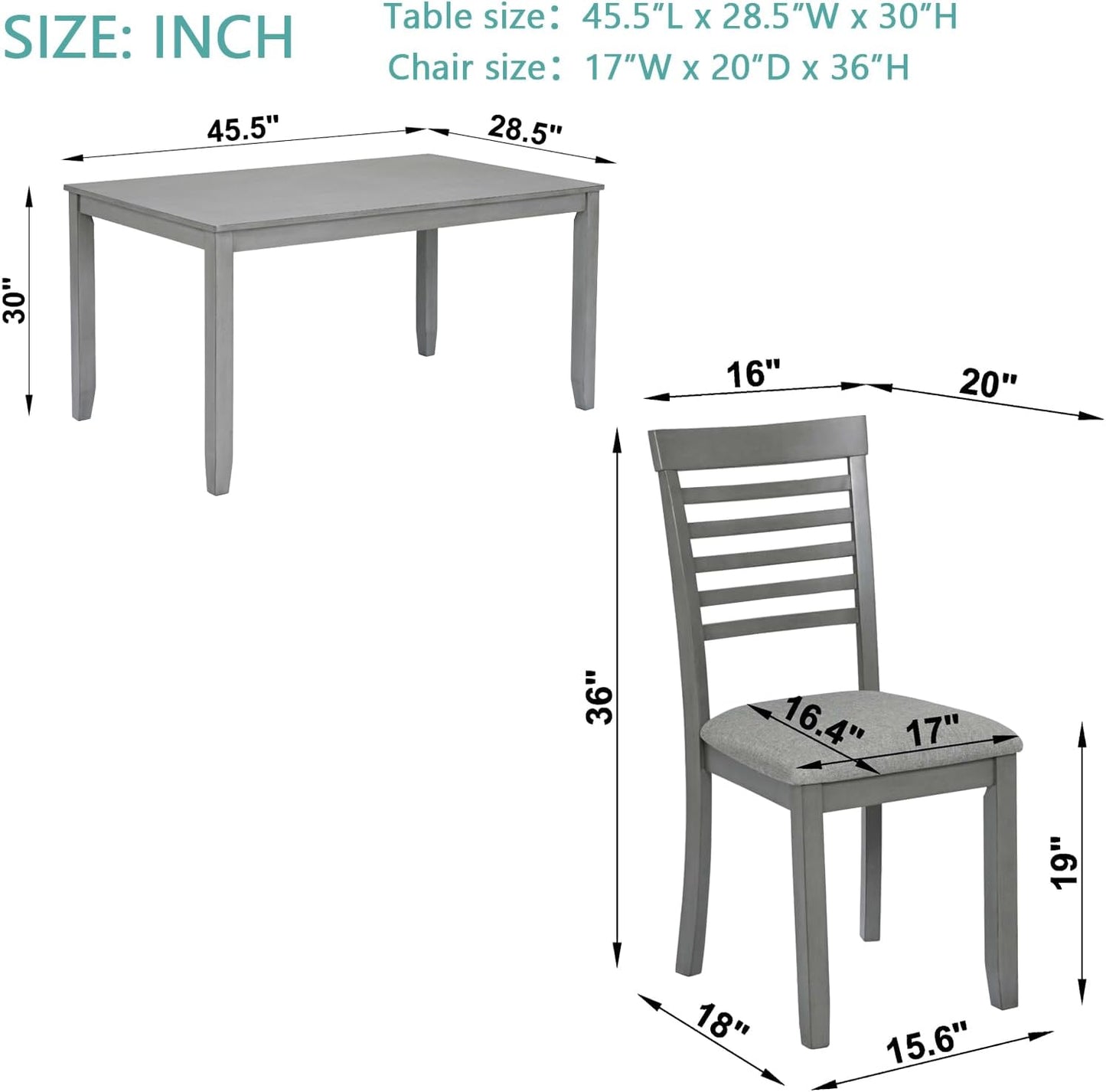 KEIKI 5-Piece Standard Height Dining Table Set with Rectangular Table and 4 Upholstered Ladder Backrset Chair, for 4 Person, Modern Wooden Table Set, Easy Assembly, for Kitchen, Dining Room, Gray