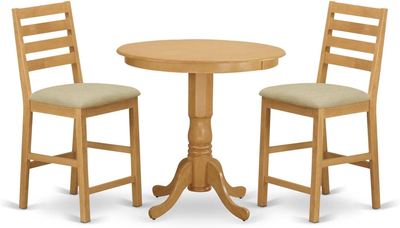 East West Furniture JACF3-OAK-C 3 Piece Kitchen Counter Height Dining Table Set Contains a Round Pub Table with Pedestal and 2 Linen Fabric Upholstered Chairs, 36x36 Inch, Oak