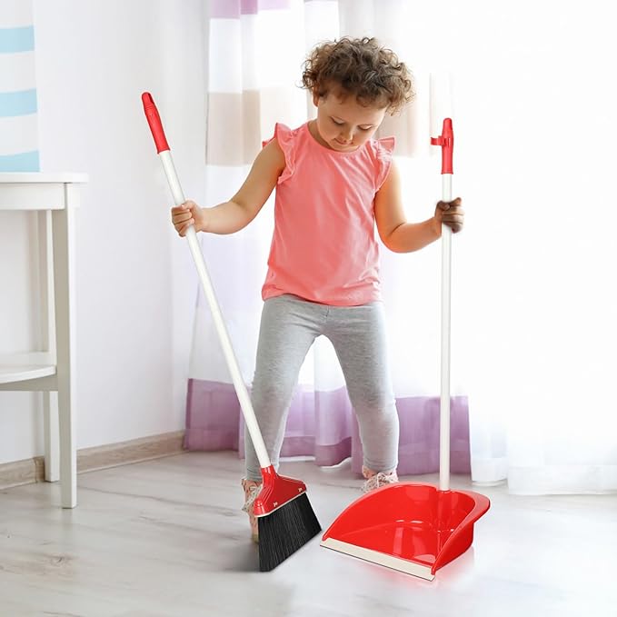 WILLBOND Set of 8 Broom and Dustpan Set Long Handle Broom with Upright Standing Dustpan Broom with Dustpan Combo Set Dust Pan with Long Handle for Lobby Kitchen Office Floor Outdoor Cleaning (Red)