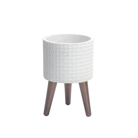 D'vine Dev 8 Inch Modern Geometric Tile Patterned Sleek Planter Pot with Stand, Indoor Outdoor Decorative Plant Holder, Matte White, 88-Z-A-1