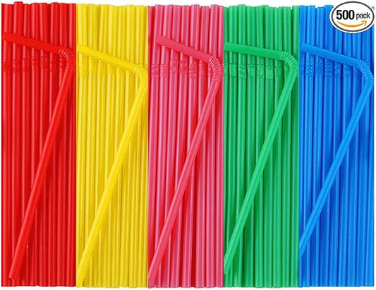 500 Pcs Colorful Disposable Plastic Flexible Straws.(0.23'' diameter and 7.7" long)