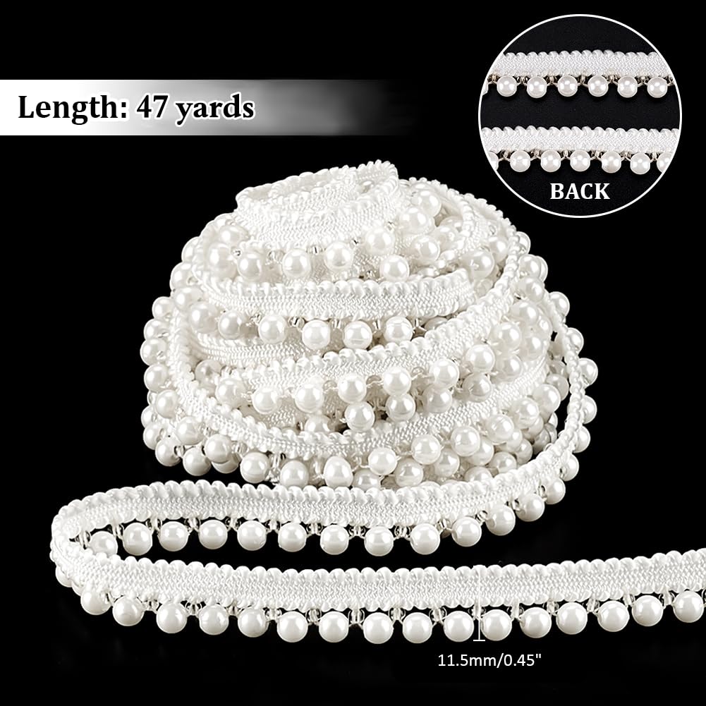 PH PandaHall 5 Yards Faux Pearls Lace Ribbon, 1/2 inch Applique Pearl Fringe Craft Ribbon Pearls Chain Pearl Beaded Trim Bridal Embellishments for Wedding Sewing Clothing Craft Costume Lamp Shade