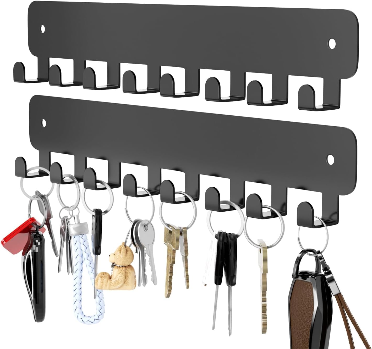 pickpiff 2 Pack Key Holder for Wall Adhesive, Key Hooks with 8 Hooks Wall Mounted, Black Key Hangers No Drill for Living Room, Kitchen, Office
