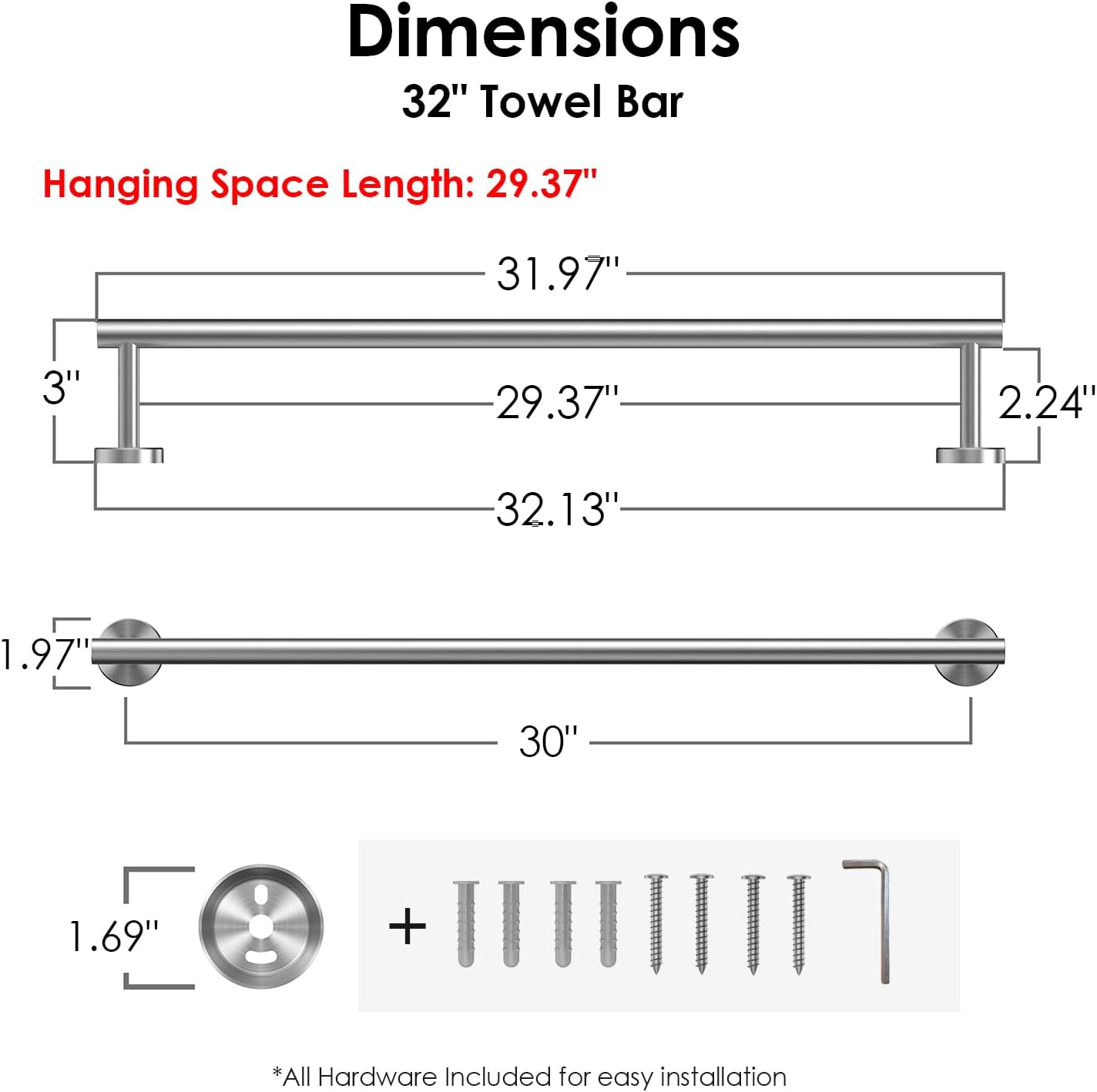FORIOUS Towel Bar Wall Mounted, 30 Inch Stainless Steel Towel Racks for Bathroom, Includes Wall Mounting Hardware (Brushed Nickel, Total Length 32 Inch)