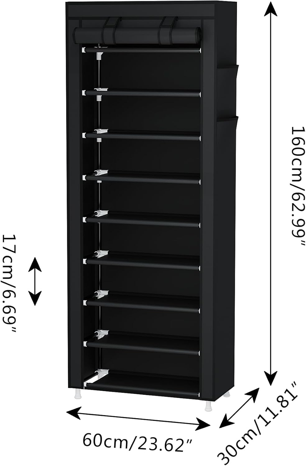 Calmootey 9 Tier Shoe Rack Organizer,Portable Shoe Shelf with Nonwoven Fabric Cover for Closet Hallway,Bedroom,Entryway,Black