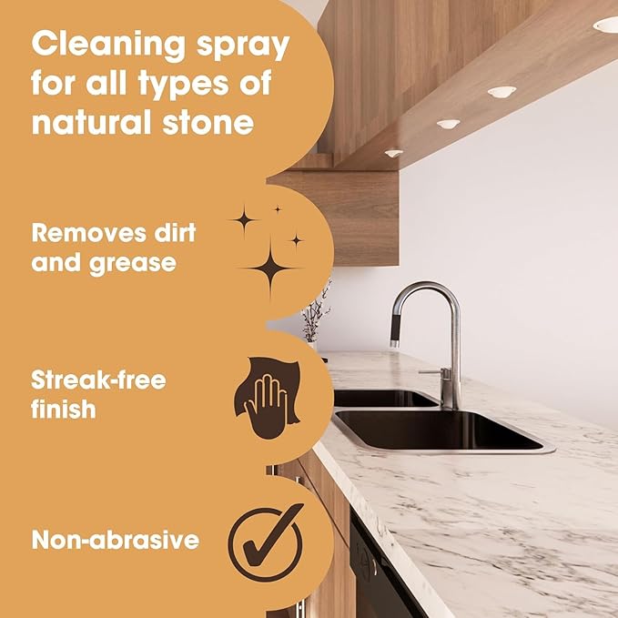 Furniture Clinic Granite & Quartz Spray Cleaner for Kitchen Worktops & Sinks - Non Abrasive Cleaning & Streak Free Finish - Stain Remover & Cleaning for Black or White Marble Stone Worktop - 500ml