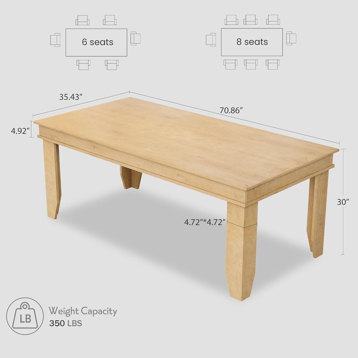 GarveeHome Farmhouse Dining Table for 6-8 People, 71" Long Natural Color Kitchen Tables with Wooden Sturdy Frame, 6 Ft Large Rectangular Dinner Table for Living Room, Kitchen, Dining Room